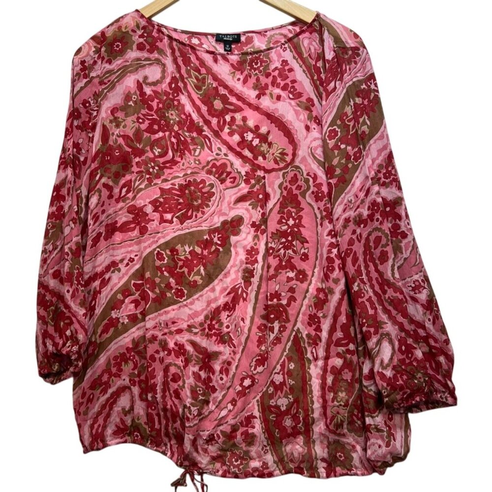 Talbots Women's Silk Blouse Long Sleeve Size 12 Pink Paisley Floral Cinch Hem